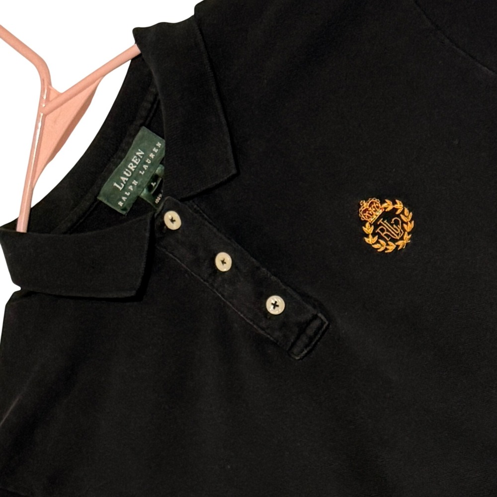 Vtg Lauren Ralph Lauren Womens L Black Mesh Crest Logo Polo Shirt Short Sleeve